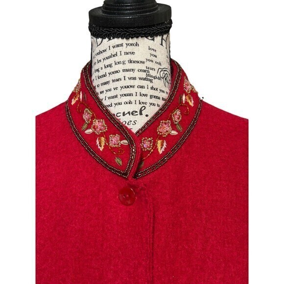 Red Wool Jacket Blazer Ethnic Bohemian Button Down Sequin Embroidery Sz… - Picture 2 of 9